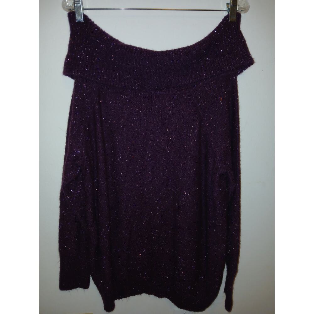 Chico's 2 Purple Wine Eggplant Sweater Large Cowl Neck Sparkles Slouchy Nylon
